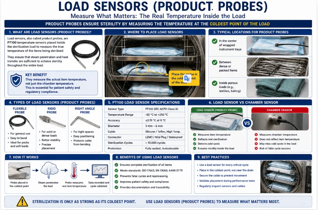 Load sensors (product probes): PT100 probes placed at the coldest point inside the load — wrapped trays, dense packs, or porous textiles — to measure real item temperature.