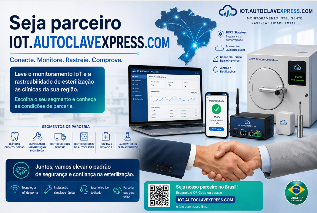 Seja parceiro IOT.AUTOCLAVEXPRESS.COM no Brasil — monitoramento IoT e rastreabilidade de esterilização para clínicas, distribuidores e empresas de manutenção biomédica