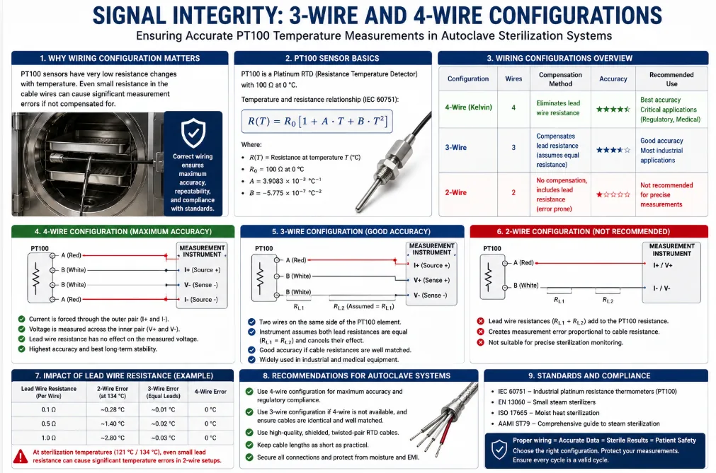 PT100 signal integrity: 4-wire Kelvin configuration for maximum accuracy, 3-wire for good accuracy, and 2-wire not recommended for precise sterilization measurement.