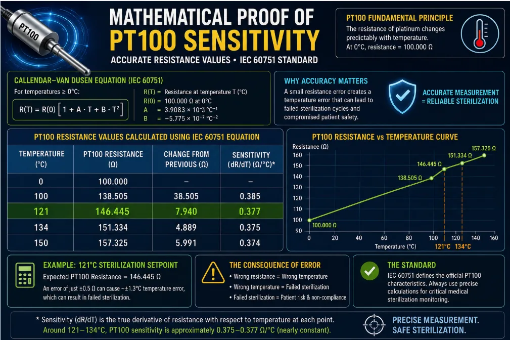 Mathematical proof of PT100 sensitivity using the IEC 60751 equation: 146.445Ω at 121°C, 151.334Ω at 134°C, with sensitivity near 0.375–0.377 Ω/°C.