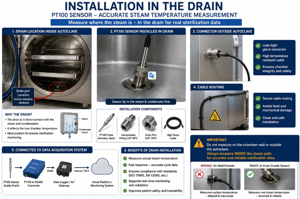 PT100 sensor installed in the autoclave drain, in the steam and condensate flow, with a leak-tight gland connector outside the chamber.