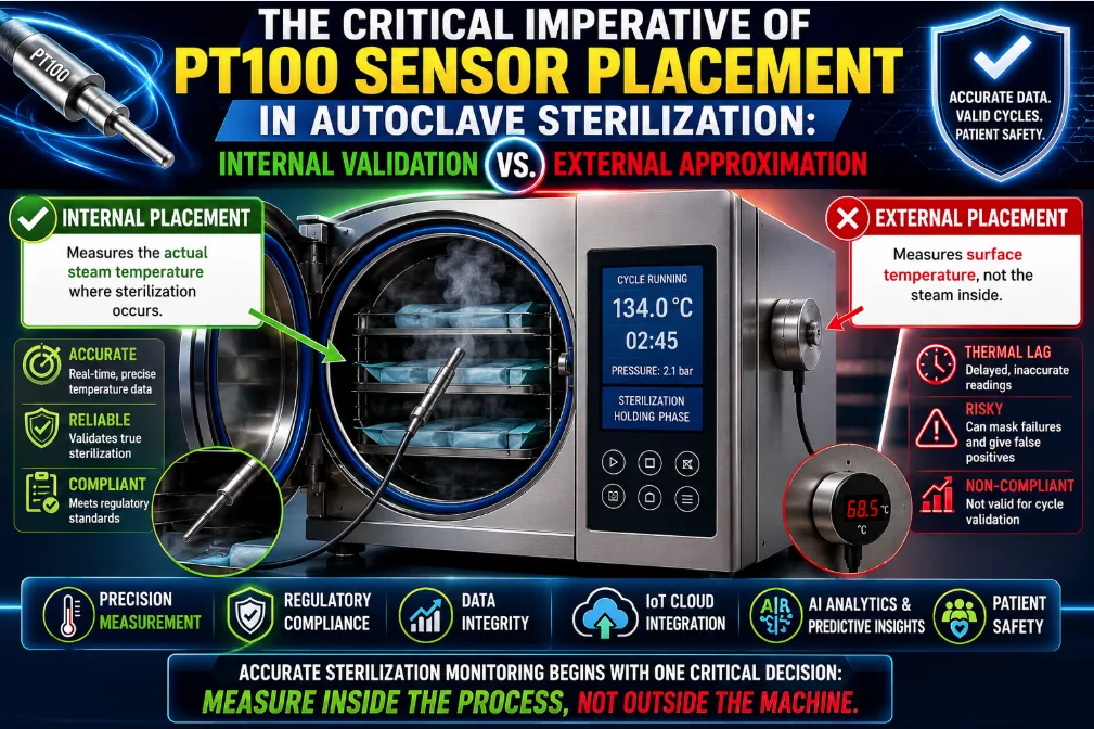 PT100 sensor placement in autoclave sterilization: internal validation measuring real steam temperature versus external approximation measuring only surface temperature.