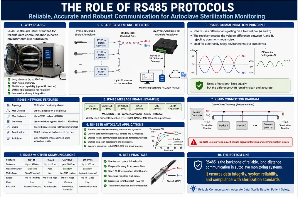 The role of RS485 protocols: differential signaling on a twisted pair, up to 32 devices over 1200m, Modbus RTU framing, daisy-chain topology with 120Ω termination for autoclave monitoring.