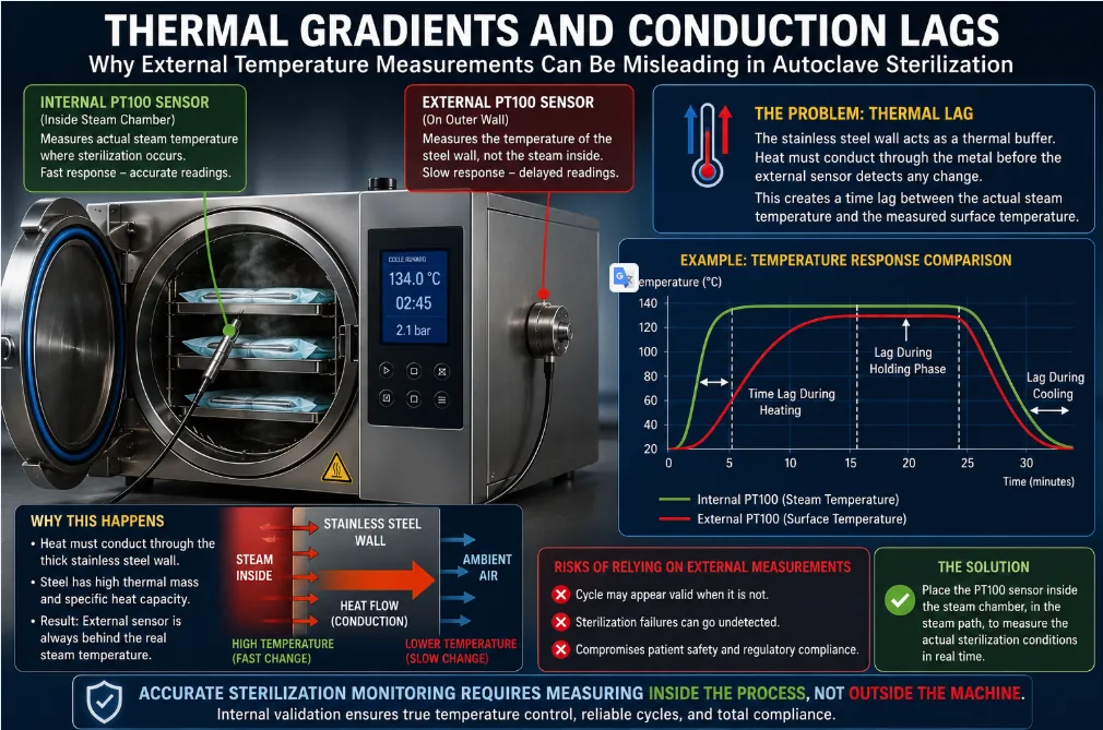 Thermal gradients and conduction lags: an internal PT100 tracks real steam temperature while an external PT100 on the wall lags behind due to the steel's thermal mass.